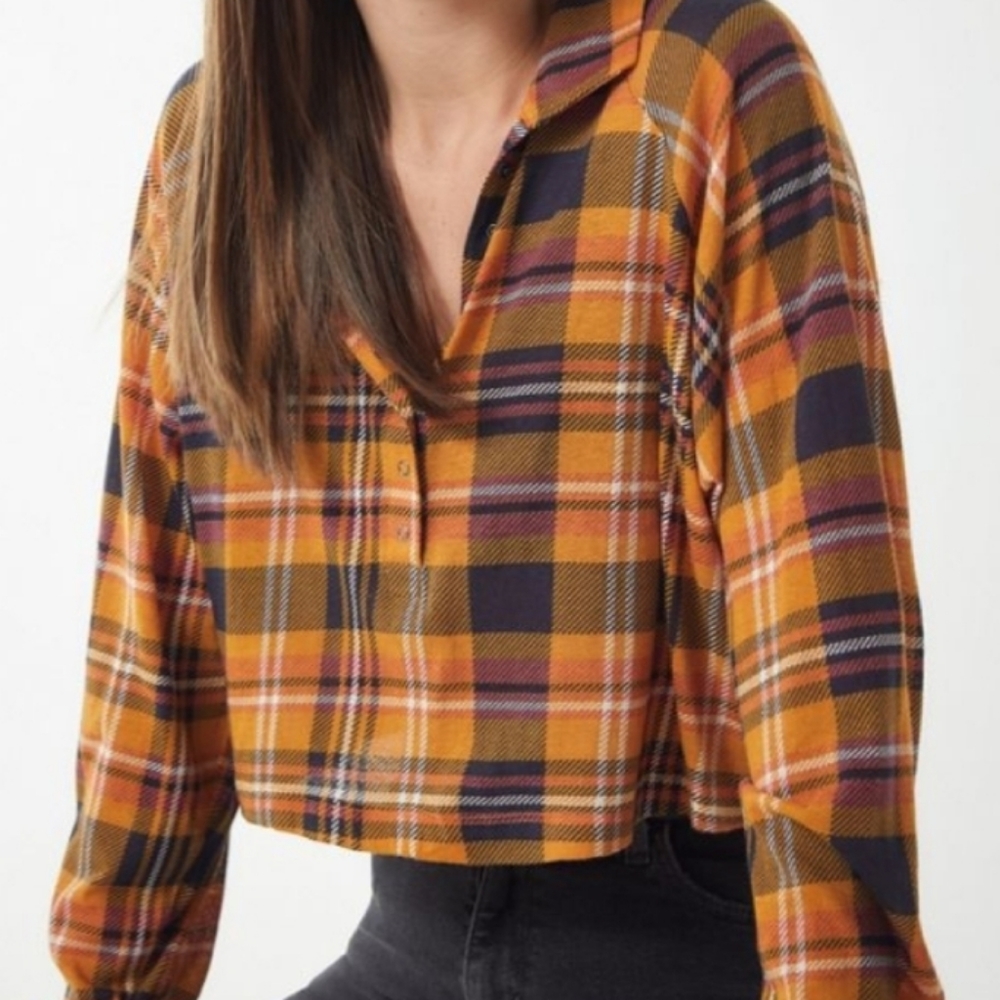 Urban outfitters cropped plaid shirt sz l - Picture 2 of 8